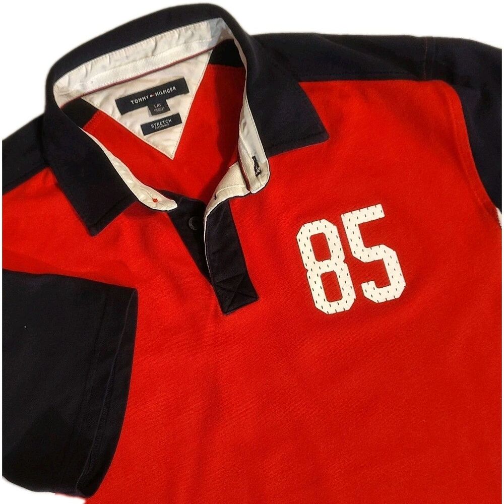 Tommy Hilfiger 85 Rugby Polo Shirt Mens Large Red Blue Stretch Short Sl Rugby